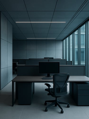 Wide-angle architectural shot of a minimalist, high-end corporate office workspace with structured lines, cool diffused daylight, 35mm lens, sharp focus.