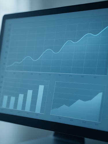 Macro close-up of a high-end physical screen displaying an analytical dashboard with clean data lines, cool diffused daylight, subtle blue screen-glow, 35mm lens.