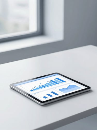 Bright modern office desk with clean lines, architectural window light, tablet showing organized financial graphs, cool blue tones
