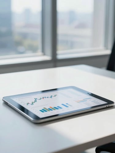 Bright modern office desk with a tablet displaying clean financial charts, natural daylight streaming through a large window, soft blue tones, shallow depth of field