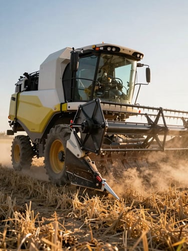 Dynamic low-angle shot of a heavy semi-automated harvester working in a dusty golden hour field, high-contrast natural sunlight, focus on mechanical joint and steel chassis.
