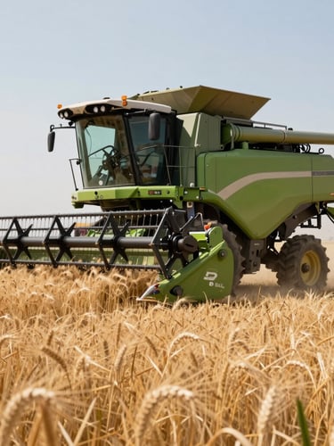 Low-angle dynamic shot of a massive semi-automated green harvester operating in a dusty golden wheat field, bright natural sunlight, mechanical details visible.