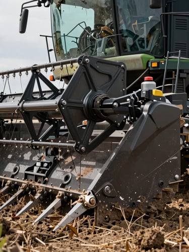 Close-up of heavy-duty mechanical joints and reinforced chassis of an agricultural harvester, operating in muddy field conditions, natural lighting.