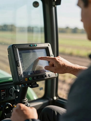 Close-up of a farmer's hand interacting with a rugged digital control screen mounted inside a tractor cabin, bright morning sunlight filtering through the window.