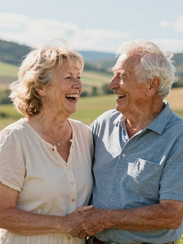 Happy senior couple laughing together outdoors on a farm during a scenic autumn sunset.