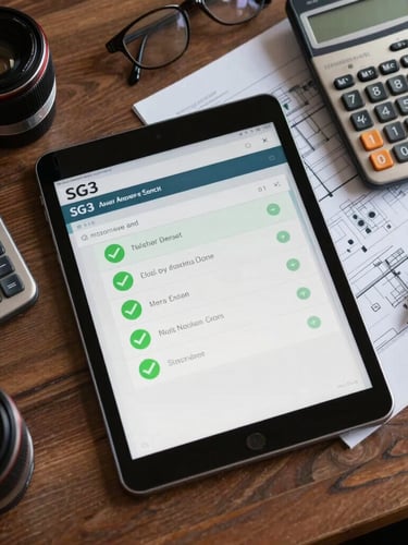 Top-down desk layout showing a tablet screen displaying the SG3 system interface with green approved checkmarks, next to a clean engineering calculator and technical documents.