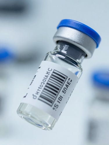 Macro close-up of a sealed specimen vial with a barcode under bright, cool-toned white laboratory lighting, sterile blue and slate tones, sharp focus, 35mm.