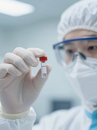 Macro close-up of a lab technician in full sterile PPE handling a specimen vial, bright cool laboratory lighting, sharp focus, 35mm