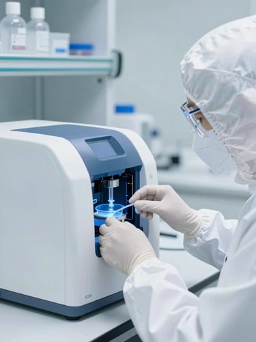 Focused laboratory technician in full white PPE adjusting a high-end molecular PCR analyzer, bright cool-toned sterile laboratory environment, 35mm