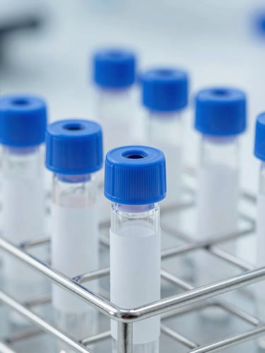 Sharp macro focus on sealed clinical specimen vials in a sterile metal rack, bright cool white laboratory lighting, 35mm
