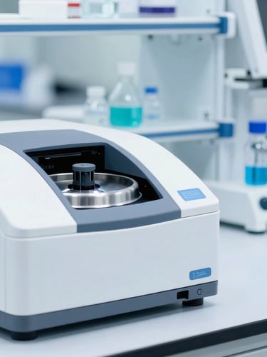 Wide organized laboratory bench with a modern high-throughput centrifuge machine, bright cool-toned white lighting, sterile slate blue and crisp clinical teal atmosphere, sharp focus, 35mm.