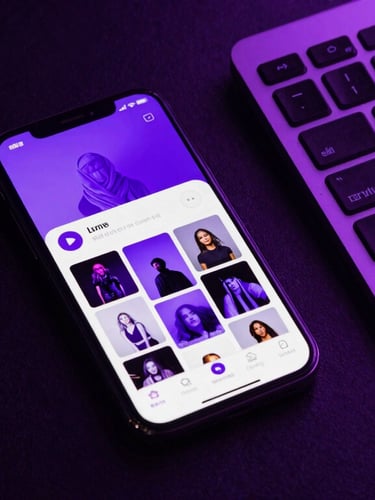 Overhead desk layout showing a modern workspace, a smartphone displaying a curated purple-themed social media grid next to a sleek keyboard, moody ultraviolet backlighting, high contrast.