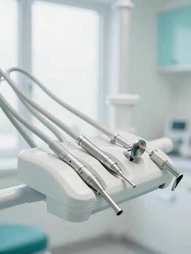 Close-up of state-of-the-art sterilized dental equipment in a pristine modern clinic, soft teal accents, bright natural window light, professional depth of field.