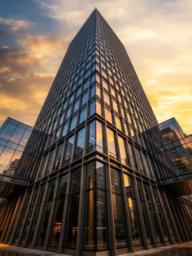 Low-angle architectural photograph of a modern high-rise glass facade reflecting the golden hour sky, sharp metal joint details, crisp daylight