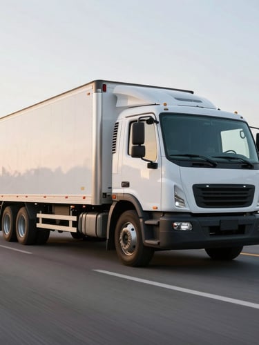 Dynamic low-angle tracking shot of a pristine white cargo truck moving fast on a clean Mexican highway at sunrise, 35mm lens, sharp details