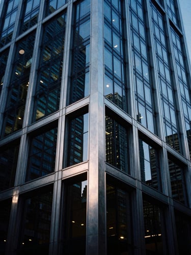 Architectural close-up of a modernist Chicago skyscraper facade, sharp geometric steel frames and high-contrast glass panels reflecting cool blue hour light, dramatic low-key lighting, 35mm.