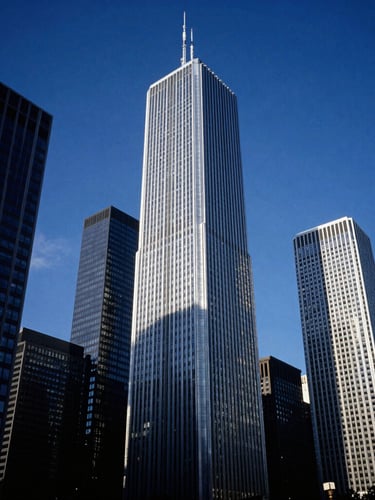 Dramatic wide-angle architectural shot of Chicago skyscrapers at blue hour, sharp steel and glass facades reflecting cool silver light, deep navy shadows, 35mm photography