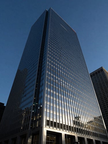Wide-angle architectural perspective of a Chicago steel and glass skyscraper reflecting the deep blue hour sky, clean geometric lines, high-contrast, premium tech aesthetic.
