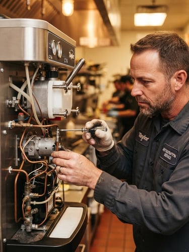 Close-up of a uniformed technician with a precise tool repairing a clean Taylor C716 ice cream machine, warm ambient kitchen lighting, sharp focus on mechanical details, rich saturated tones.
