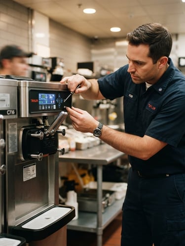 Técnico uniformizado ajustando painel digital de uma máquina de sorvete Taylor C716 em uma cozinha de fast-food limpa e moderna, iluminação focada nos componentes eletrônicos, foto editorial de alta precisão.