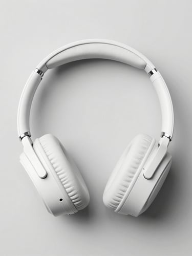 Flat-lay of premium minimalist wireless headphones on a clean, light-grey solid studio background, crisp high-key lighting, soft realistic drop shadow