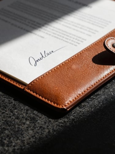 Macro detail of a high-quality leather folder and signed legal document on a dark obsidian table, sharp directional sunlight, high contrast.