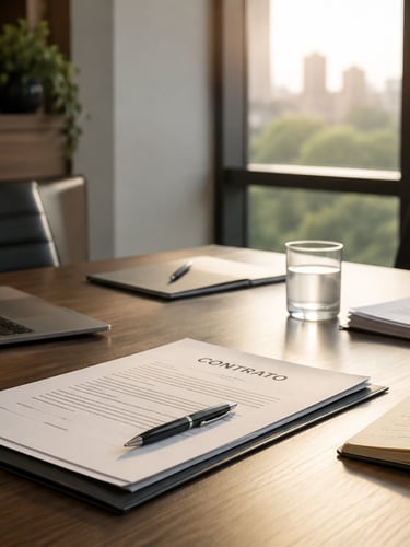 Legal business contract and fountain pen on a modern office desk with laptop and city view.