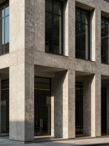 Editorial architectural photography of a modern concrete and travertine office facade with sharp geometric lines, deep shadows, warm afternoon light, 35mm lens.