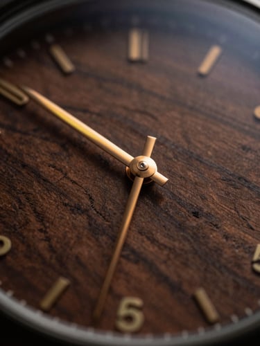 Macro close-up of a watch dial resting on dark textured walnut wood, warm amber highlights reflecting off the metallic hands.