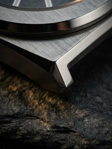 Macro close-up of a brushed steel watch case, directional side-lighting highlighting the polished bevels, resting on dark textured slate.