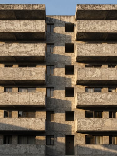 Symmetrical raw concrete residential facade in Medellín, dramatic golden-hour light casting long geometric shadows, architectural photography, sharp focus, wide-angle lens