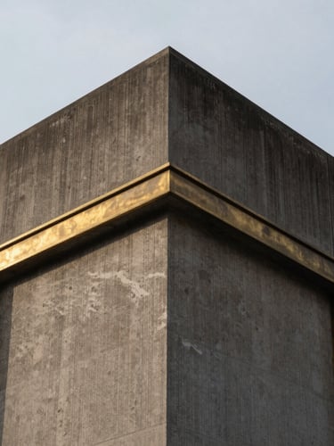 Extreme close-up architectural photography of raw concrete meeting brass detailing on a monumental public building corner, crisp overcast natural light.