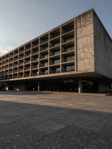 Wide-angle architectural photography of a monolithic concrete library facade in Medellín, dramatic golden-hour light casting sharp geometric shadows across a wide granite plaza.