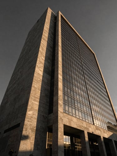 Wide-angle architectural photograph of a towering modern concrete and glass corporate headquarters in Medellín, dramatic golden-hour light, sharp geometric shadows.