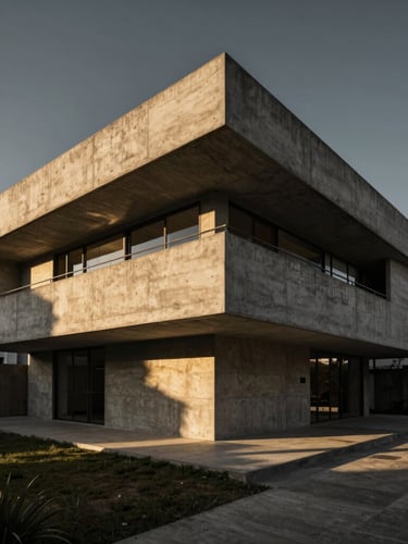 Wide-angle architectural photograph of a monolithic raw concrete residence in Medellín, sharp geometric shadows, dramatic golden hour light, high contrast.