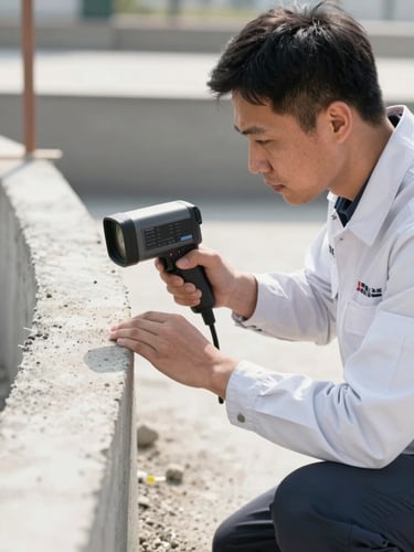 A professional technician in a crisp branded uniform using a thermal imaging camera to inspect a concrete foundation edge in high-contrast daylight, showing precise technical focus.