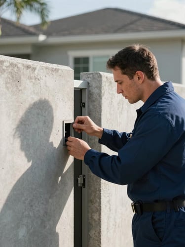 A professional technician in a crisp navy uniform inspecting a concrete home perimeter in Cape Coral, bright morning light, sharp focus on structural entry point.