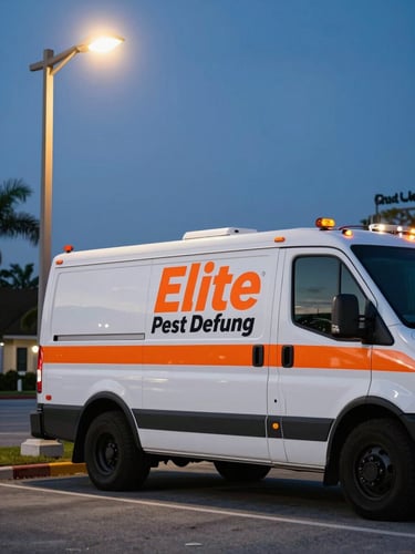 A clean Elite Pest Defense service vehicle parked under a Cape Coral streetlamp at twilight, sharp safety orange branding visible on the side, dramatic high-contrast lighting.