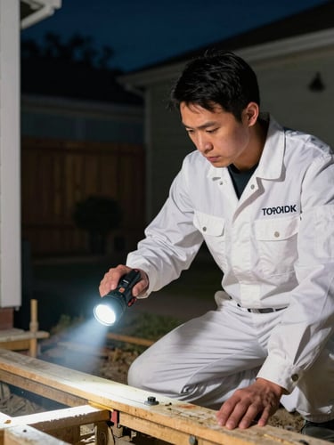 A professional technician wearing a crisp branded uniform inspecting a home foundation with a high-contrast tactical flashlight at night, emphasizing vigilance.