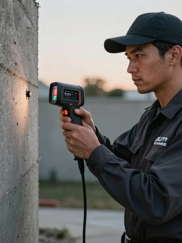 A professional Elite Pest Defense technician in a crisp dark uniform inspecting a concrete foundation wall with a high-tech thermal camera at dusk