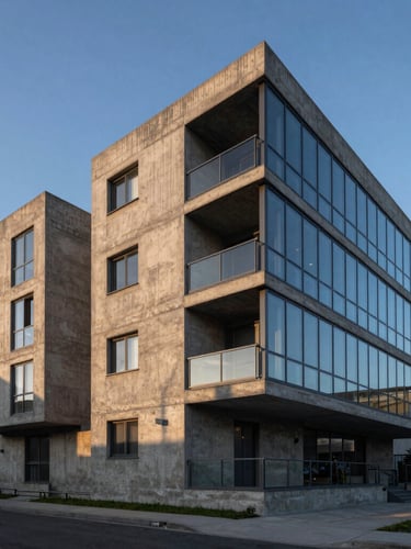 Wide-angle architectural perspective of a brutalist concrete residence at dawn, sharp geometric shadows, raw concrete texture, glass facade reflecting the blue hour sky.