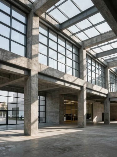 Wide-angle architectural perspective of a brutalist concrete commercial showroom, sharp morning shadows, raw steel framing, dramatic sunlight cutting through massive glass panels.