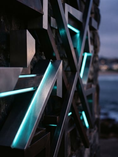 Close-up of three-dimensional metallic letters glowing with cyan LED light at dusk, ocean breeze atmosphere, sharp focus on polished steel edge, 35mm photography