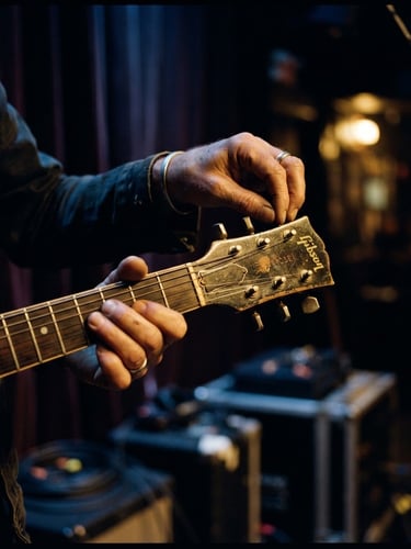 Cinematic close-up of a musician's hands tuning a vintage electric guitar backstage, warm golden incandescent light, moody shadows, 35mm film grain, elegant atmosphere