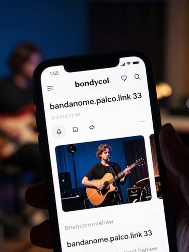 Close-up of a musician's website URL displayed prominently on a smartphone screen, showing a custom subdomain like 'bandanome.palco.link', held in a hand against a blurred background of a music studio, low-key lighting, deep blue and warm gold tones, cinematic 35mm film grain.