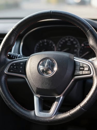 Eye-level close-up of a meticulously sanitized car steering wheel and dashboard, bright morning sun reflecting off clean surfaces, sharp focus, 35mm lens