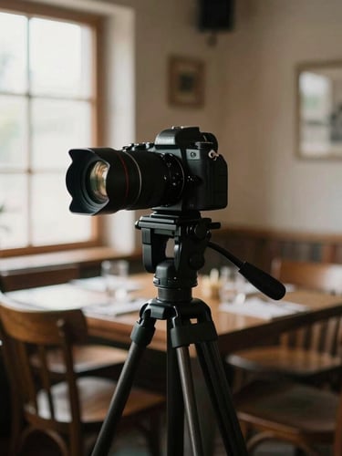 Moody editorial photography of a professional camera on a tripod in a rustic restaurant dining room, soft natural window light, a photographer adjusting the lens, warm tones, shallow depth of field.