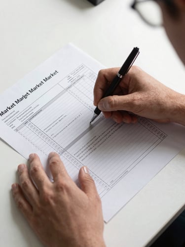 Tight overhead shot of hands annotating a printed market research document with a black pen on a matte white desk, studio strobe lighting creating sharp shadows on the paper surface, data columns and handwritten margin notes clearly visible