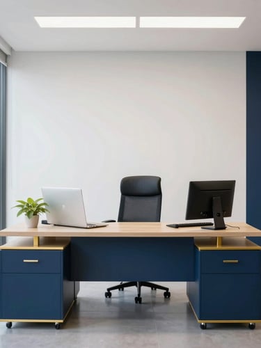 Straight-on medium shot of a clean modern corporate office workspace in Tampa, bright natural light, navy blue and gold accents, crisp focus, professional editorial style.