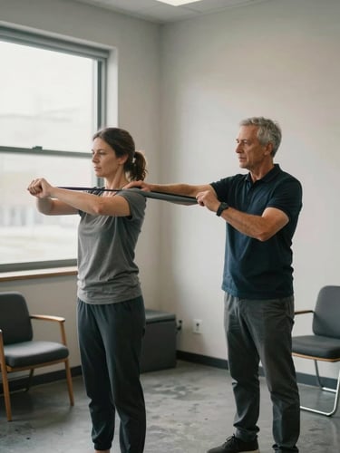 Wide environmental shot inside a modest consultation space, a coach standing beside a client who is performing a slow shoulder stretch with resistance band, both in mid-movement, soft diffused daylight from a large window on the left, varied ages visible — coach in forties, client in sixties — genuine focused expressions, neutral walls, minimal equipment visible